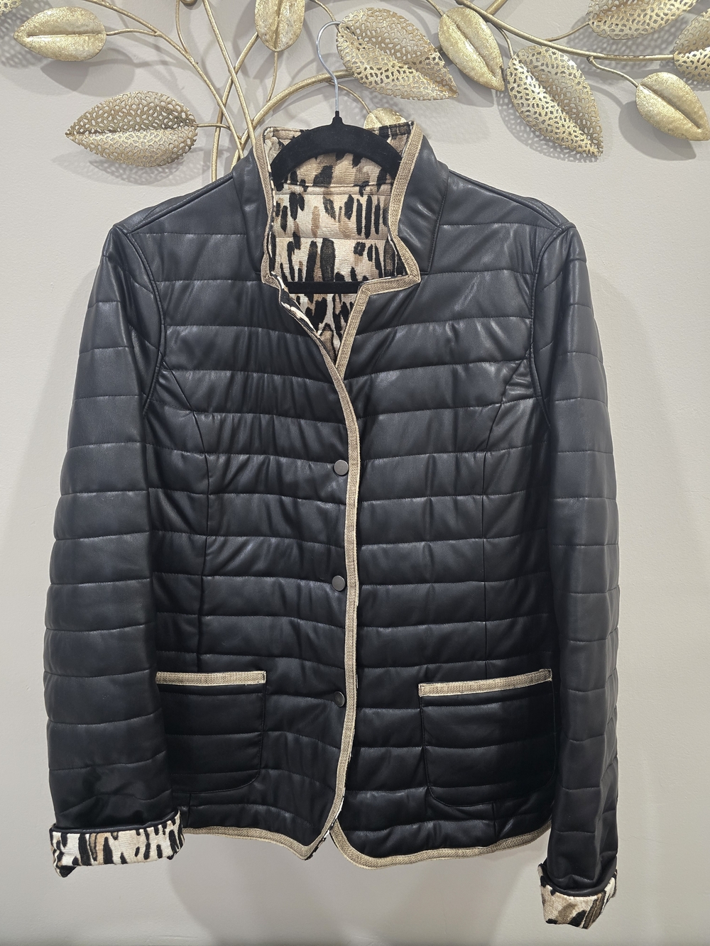 Katherine Barclay Black Quilted Faux Leather Jacket with Beige Animal-Print Trim